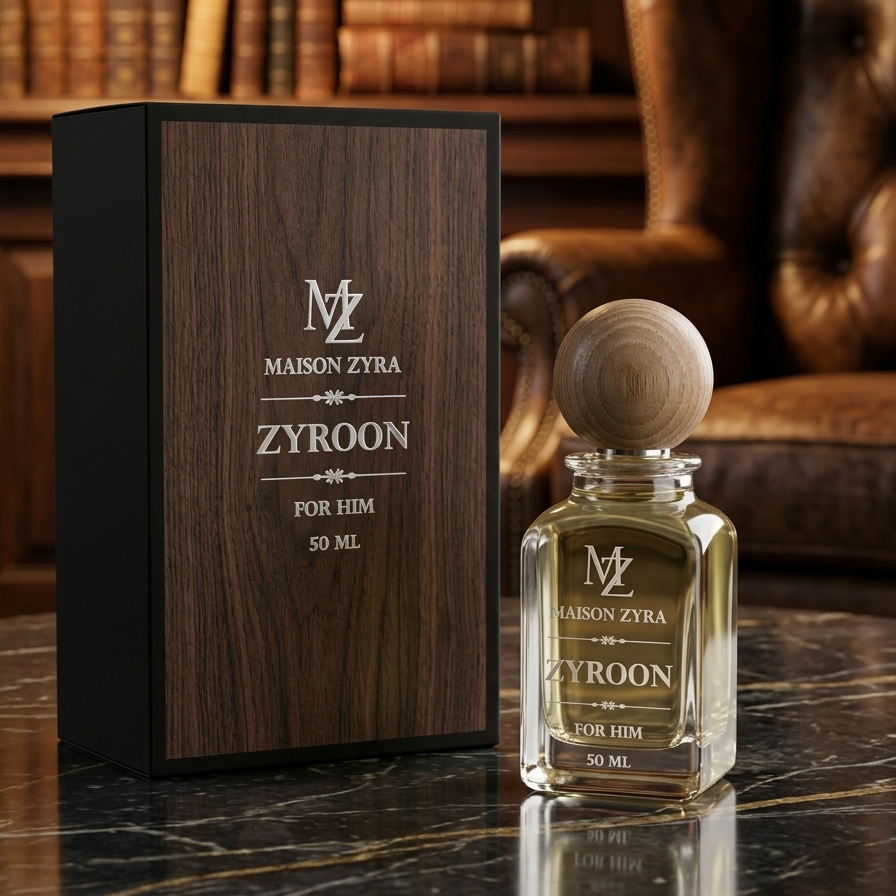 Maison Zyra Zyroon perfume bottle and wooden box on a marble surface with books and a leather chair in the background.